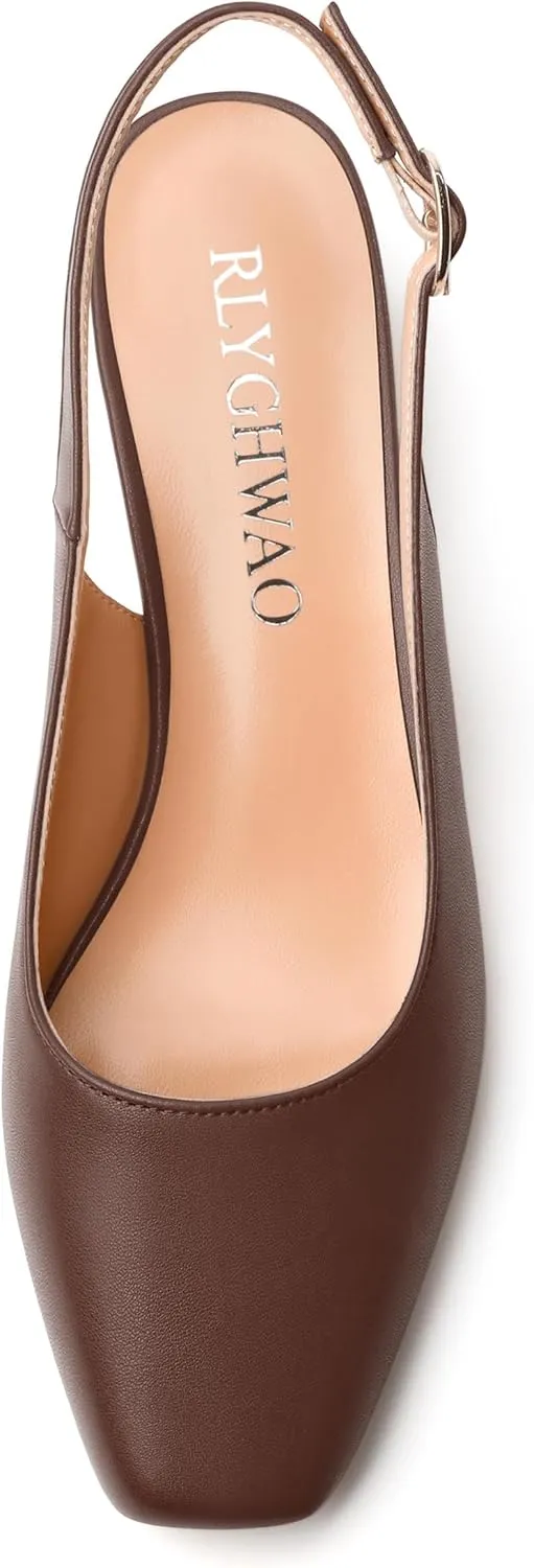 Womens Fashion Buckle Slingback Pumps, Square Closed Toe Chunky Heel Solid Matte Shoes for Women 1.3 inch
