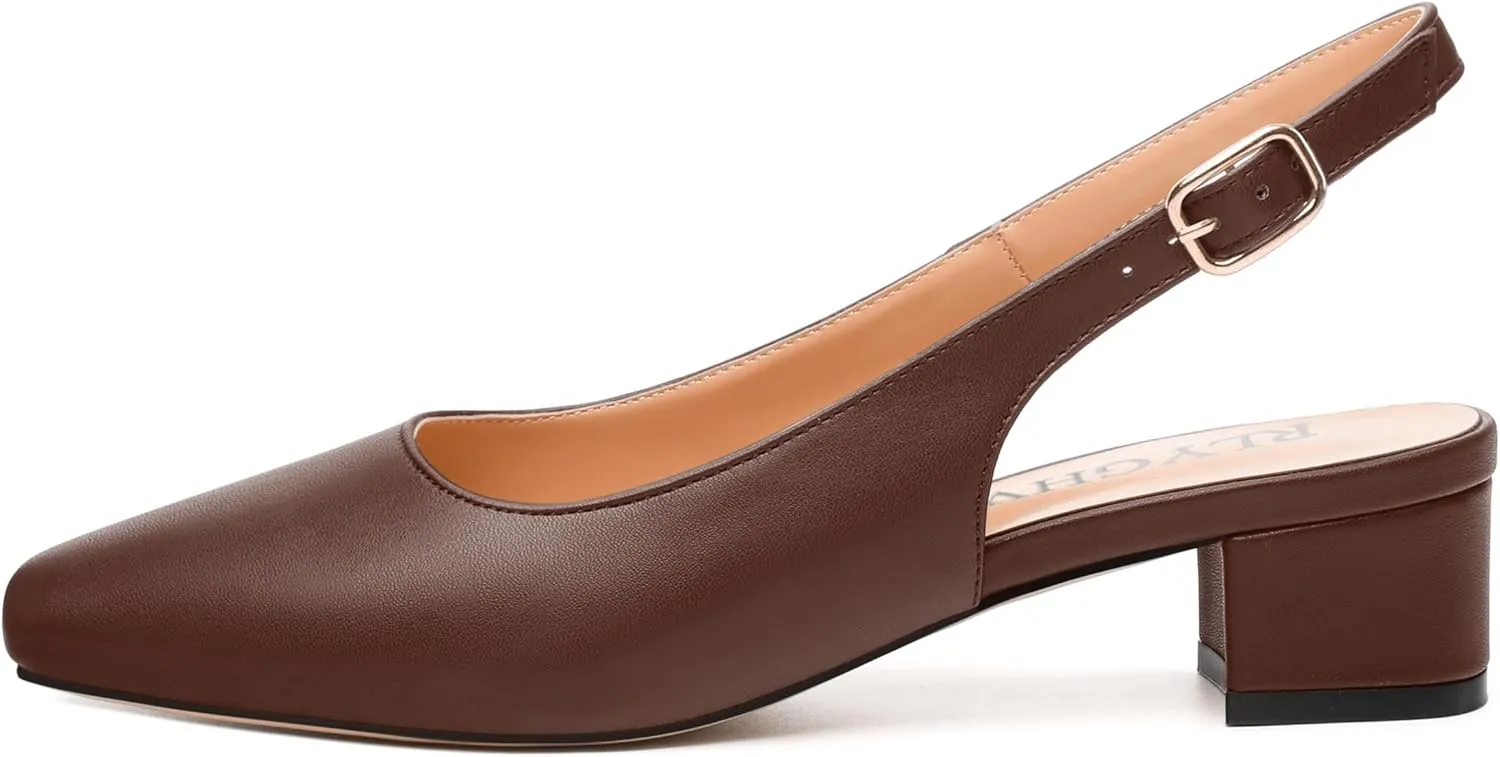 Womens Fashion Buckle Slingback Pumps, Square Closed Toe Chunky Heel Solid Matte Shoes for Women 1.3 inch