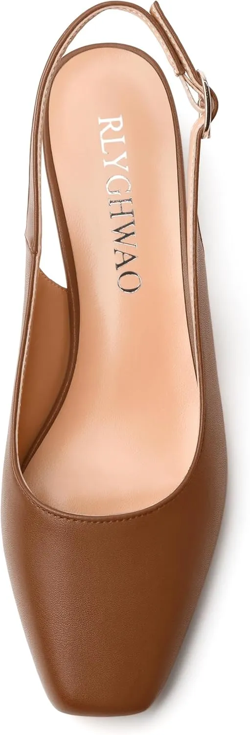 Womens Fashion Buckle Slingback Pumps, Square Closed Toe Chunky Heel Solid Matte Shoes for Women 1.3 inch