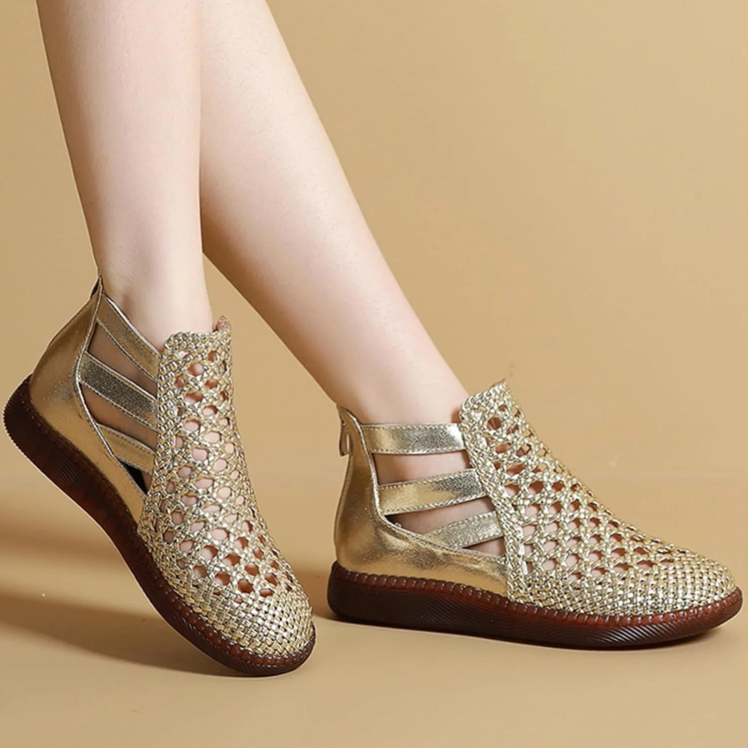 Women's Genuine Leather Braided Cutout High Top Flat Sandals Retro Round Toe Back Zipper Beef Tendon Sole Hollow Ankle Boots Comfortable Breathable Casual Sandals