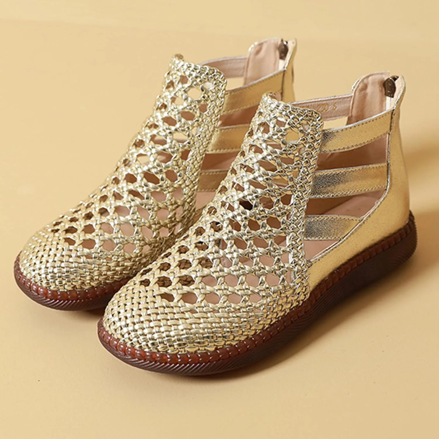 Women's Genuine Leather Braided Cutout High Top Flat Sandals Retro Round Toe Back Zipper Beef Tendon Sole Hollow Ankle Boots Comfortable Breathable Casual Sandals