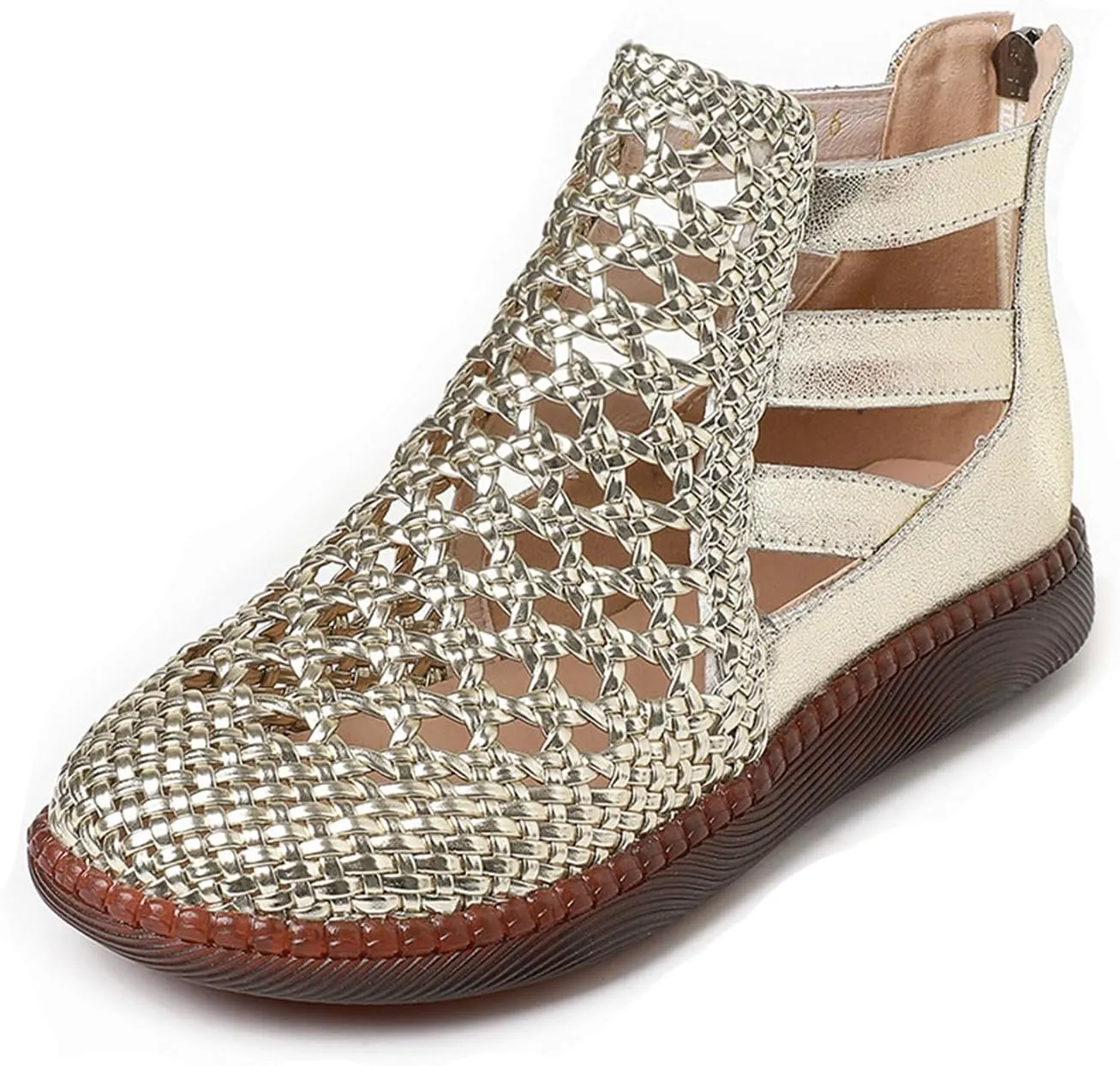 Women's Genuine Leather Braided Cutout High Top Flat Sandals Retro Round Toe Back Zipper Beef Tendon Sole Hollow Ankle Boots Comfortable Breathable Casual Sandals