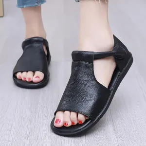 Women's Genuine Leather Round Open Toe Flat Roman Sandals Fashion Hook and Loop Casual Platforms Fisherman Sandals Comfort Softsole Non-Slip Beach Walking Sandal Shoes