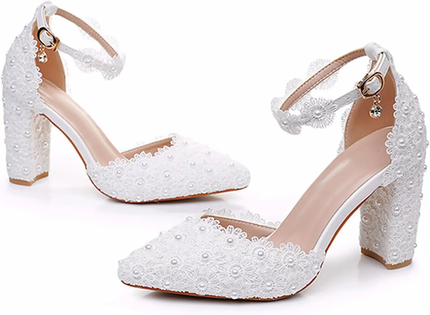 Women's High Heel Pumps Pointed Closed Toe Sandals White Lace Pearls Strap Chunky Heels Bridal Wedding Party Shoes