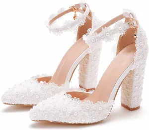 Women's High Heel Pumps Pointed Closed Toe Sandals White Lace Pearls Strap Chunky Heels Bridal Wedding Party Shoes