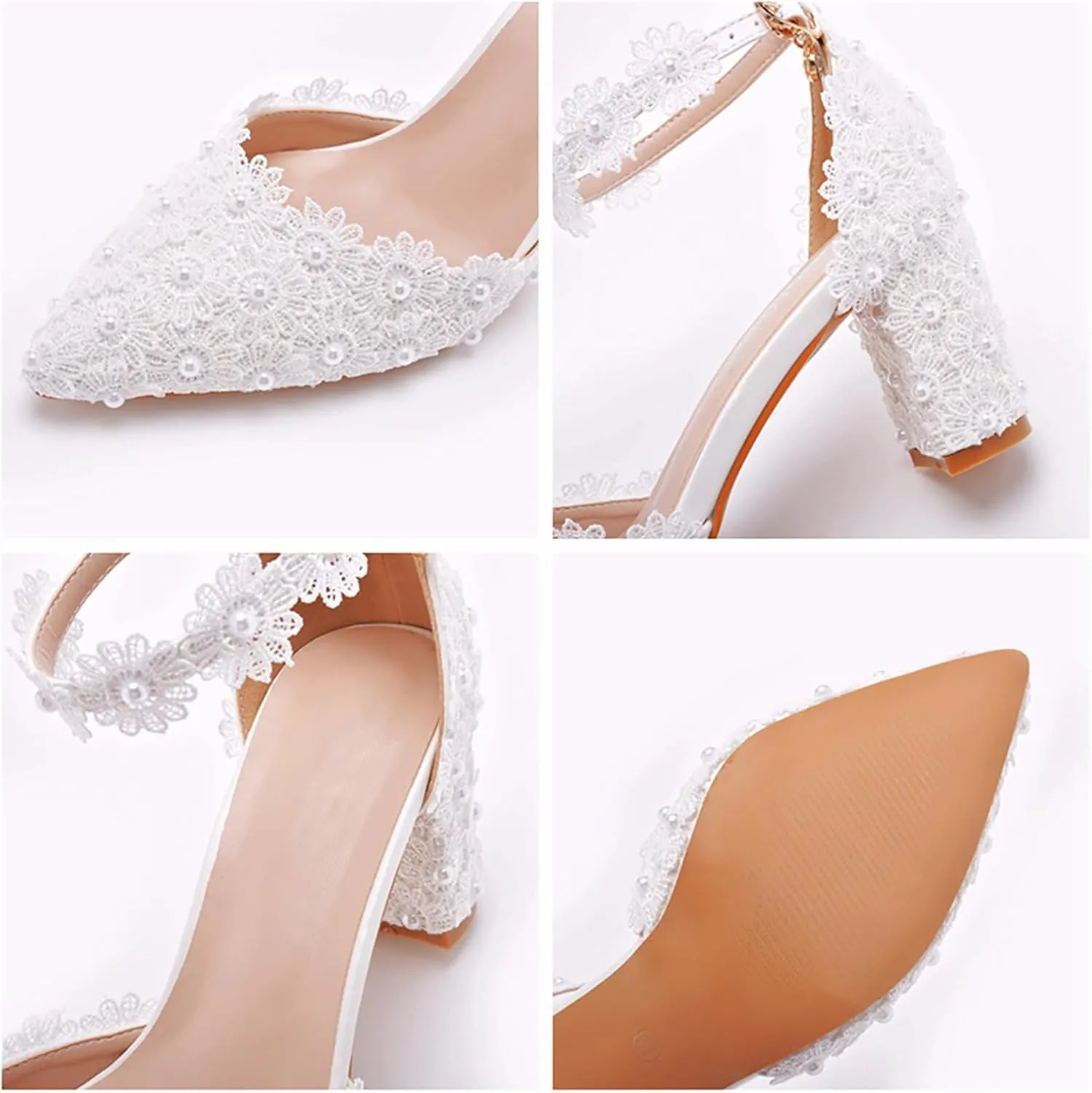 Women's High Heel Pumps Pointed Closed Toe Sandals White Lace Pearls Strap Chunky Heels Bridal Wedding Party Shoes