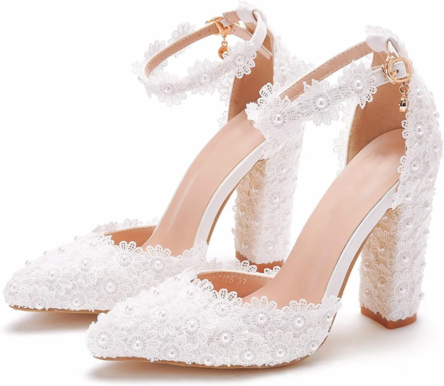 Women's High Heel Pumps Pointed Closed Toe Sandals White Lace Pearls Strap Chunky Heels Bridal Wedding Party Shoes
