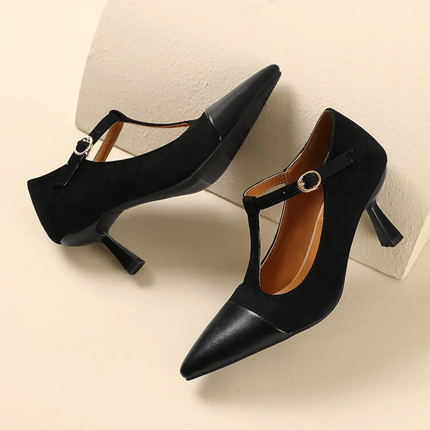 Women's Kitten Heel Leather Splicing Pointed T-Strap Pumps Fashion Cutout Mary Jane High Heels Casual Wedding Party Dress Shoes