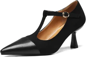 Women's Kitten Heel Leather Splicing Pointed T-Strap Pumps Fashion Cutout Mary Jane High Heels Casual Wedding Party Dress Shoes