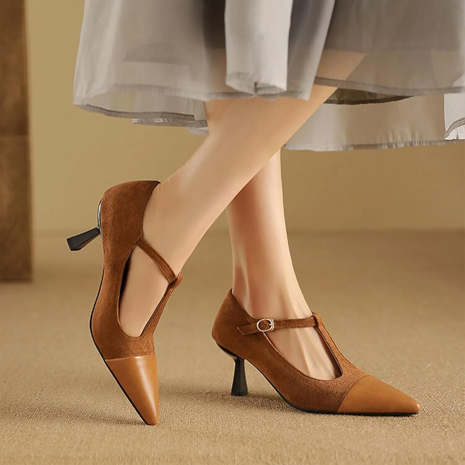 Women's Kitten Heel Leather Splicing Pointed T-Strap Pumps Fashion Cutout Mary Jane High Heels Casual Wedding Party Dress Shoes