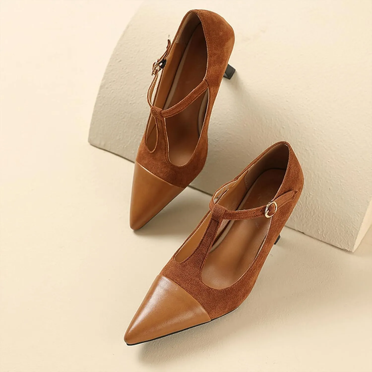 Women's Kitten Heel Leather Splicing Pointed T-Strap Pumps Fashion Cutout Mary Jane High Heels Casual Wedding Party Dress Shoes