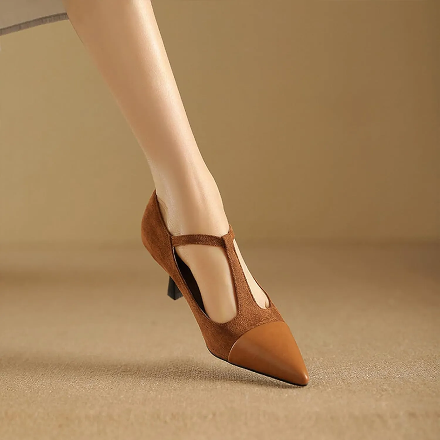 Women's Kitten Heel Leather Splicing Pointed T-Strap Pumps Fashion Cutout Mary Jane High Heels Casual Wedding Party Dress Shoes