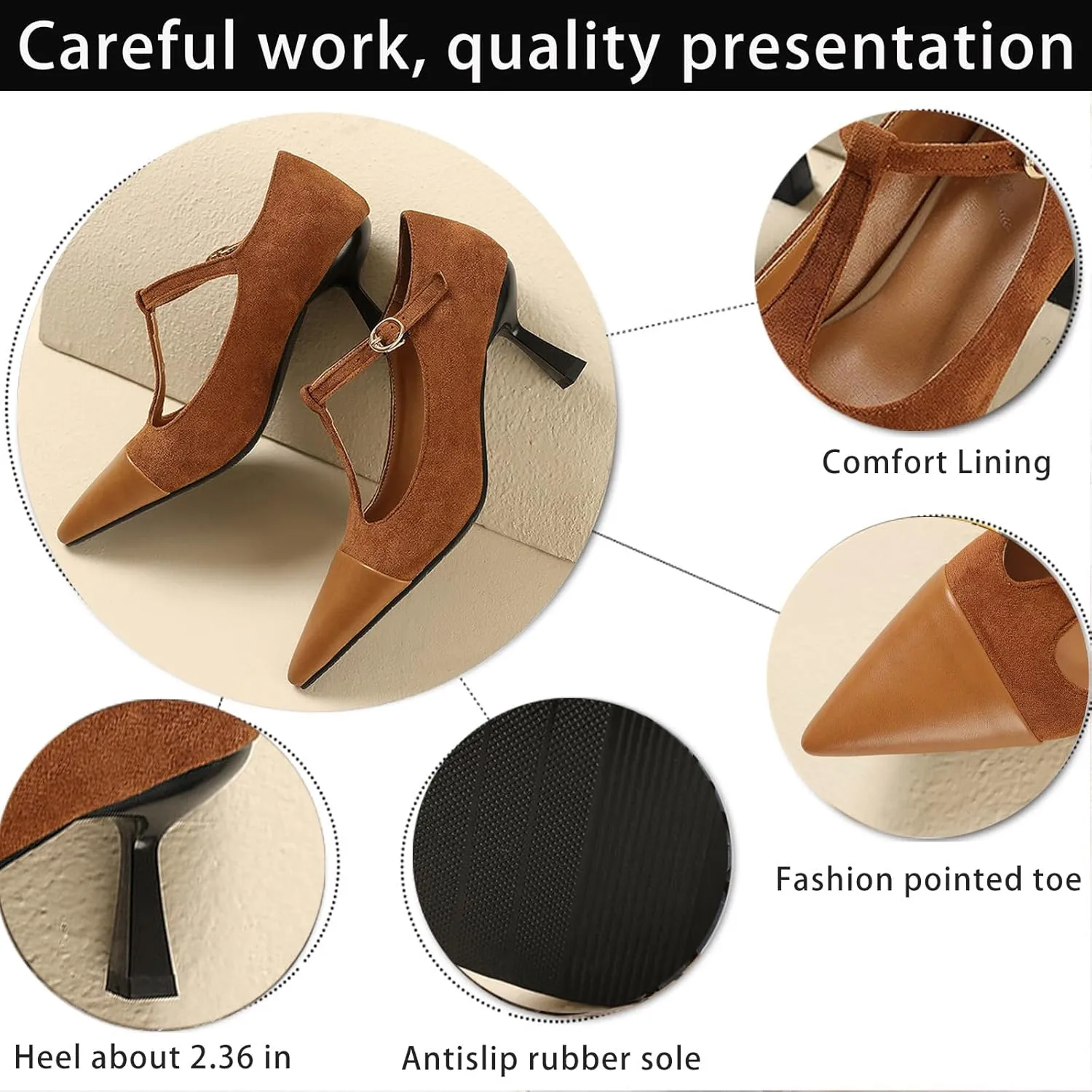 Women's Kitten Heel Leather Splicing Pointed T-Strap Pumps Fashion Cutout Mary Jane High Heels Casual Wedding Party Dress Shoes