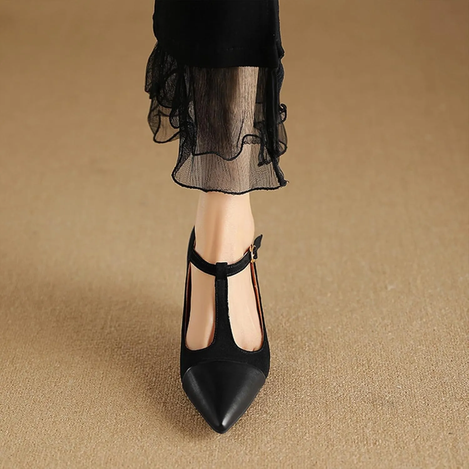 Women's Kitten Heel Leather Splicing Pointed T-Strap Pumps Fashion Cutout Mary Jane High Heels Casual Wedding Party Dress Shoes