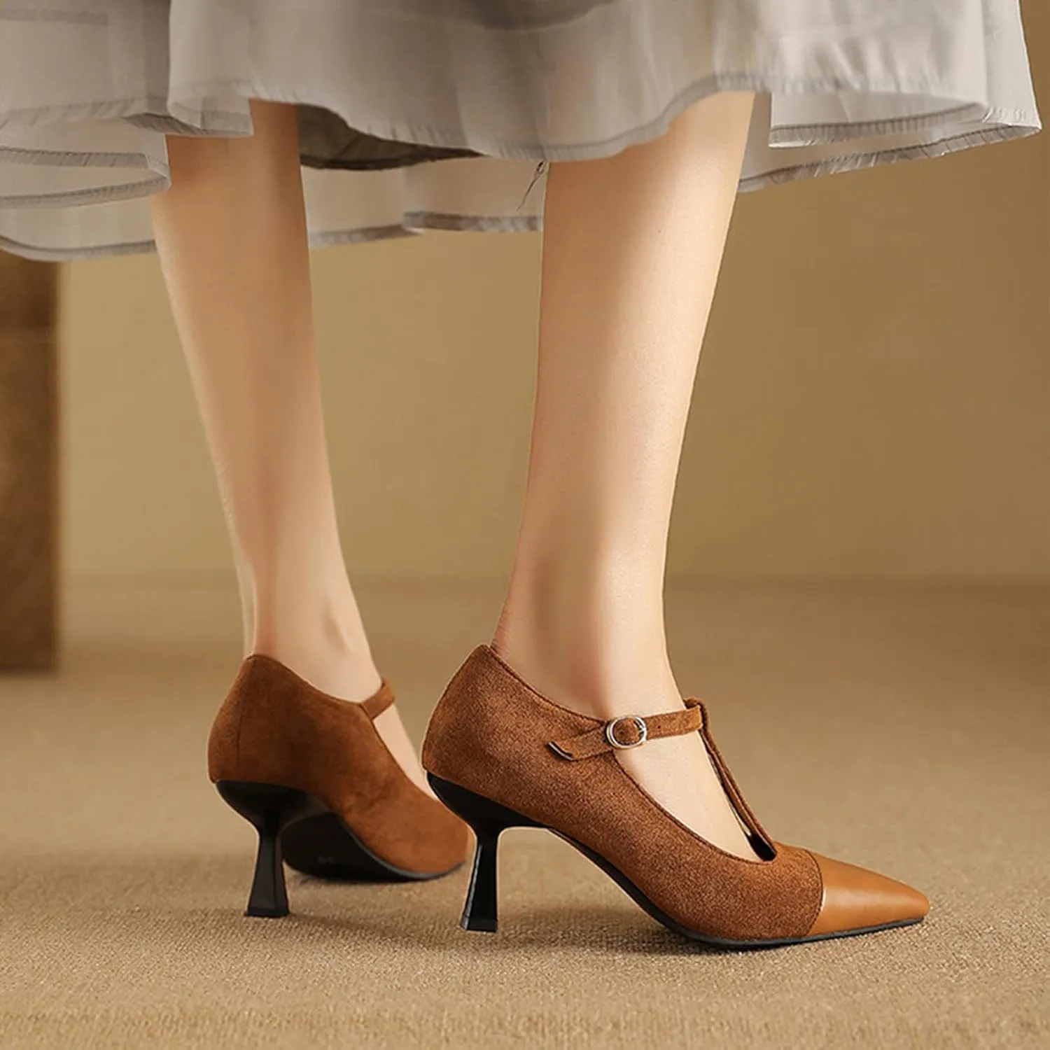 Women's Kitten Heel Leather Splicing Pointed T-Strap Pumps Fashion Cutout Mary Jane High Heels Casual Wedding Party Dress Shoes
