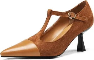Women's Kitten Heel Leather Splicing Pointed T-Strap Pumps Fashion Cutout Mary Jane High Heels Casual Wedding Party Dress Shoes