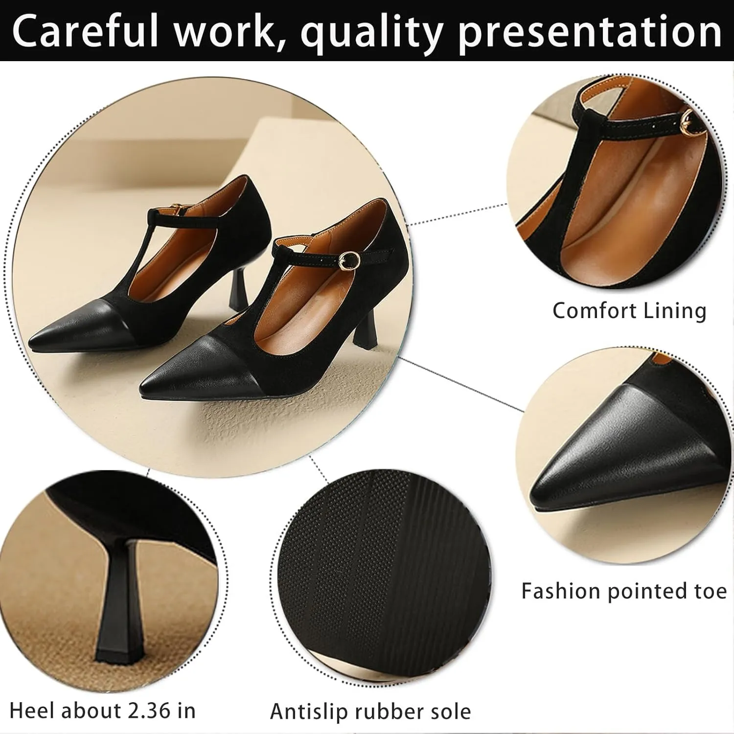 Women's Kitten Heel Leather Splicing Pointed T-Strap Pumps Fashion Cutout Mary Jane High Heels Casual Wedding Party Dress Shoes