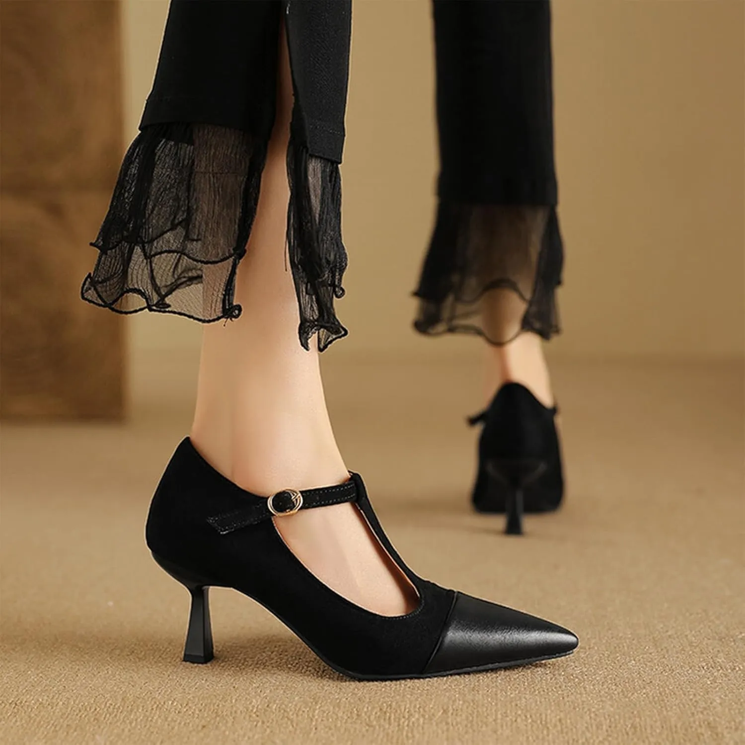 Women's Kitten Heel Leather Splicing Pointed T-Strap Pumps Fashion Cutout Mary Jane High Heels Casual Wedding Party Dress Shoes