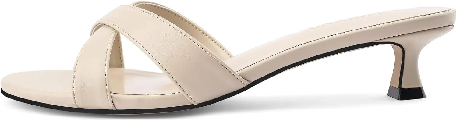 Womens Kitten Heels Low Heeled Sandals for Women Round Slip On Slides Cross Strap Open Toe Sandals