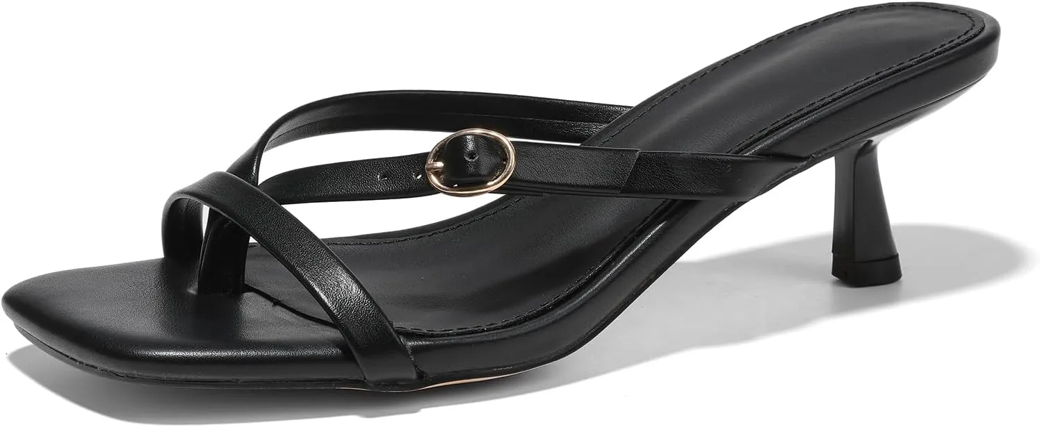 Women's kitten heels square toe flip flop mule heels dressy comfort 1.97 inches low sandal buckle cute sexy thong mules