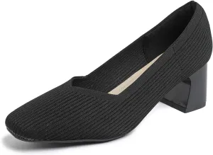 Women’s Knit Slip On Chunky Heel Pumps Square Toe Pump Low Heel Shoes Comfortable Casual Knitted Dress Shoes for Daily Office