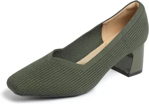 Women’s Knit Slip On Chunky Heel Pumps Square Toe Pump Low Heel Shoes Comfortable Casual Knitted Dress Shoes for Daily Office
