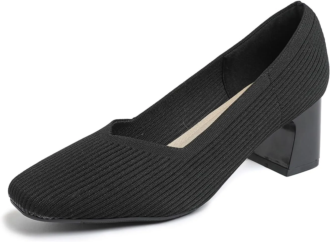 Women’s Knit Slip On Chunky Heel Pumps Square Toe Pump Low Heel Shoes Comfortable Casual Knitted Dress Shoes for Daily Office