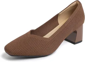 Women’s Knit Slip On Chunky Heel Pumps Square Toe Pump Low Heel Shoes Comfortable Casual Knitted Dress Shoes for Daily Office