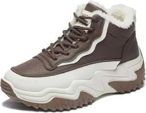 Women's Leather Platform High Top Casual Sneakers,Lace-Up Fleece Warm Comfortable Round Toe Ankle Fashion Sneakers
