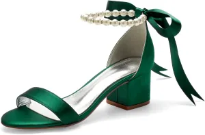 Women's Low Block Heel Sandals Chunky Ankle Strap Pearl Wedding Dress Shoes Low Heel Comfortable Pump Sandals