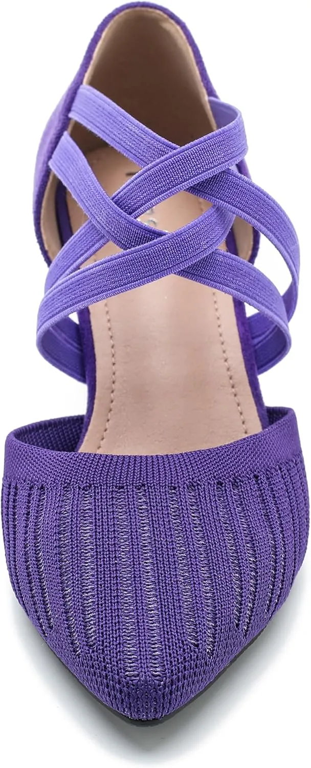 Women's Low Kitten Heels Knit Pumps Elastic Crisscross Ankle Strap Slip On Dress Shoes