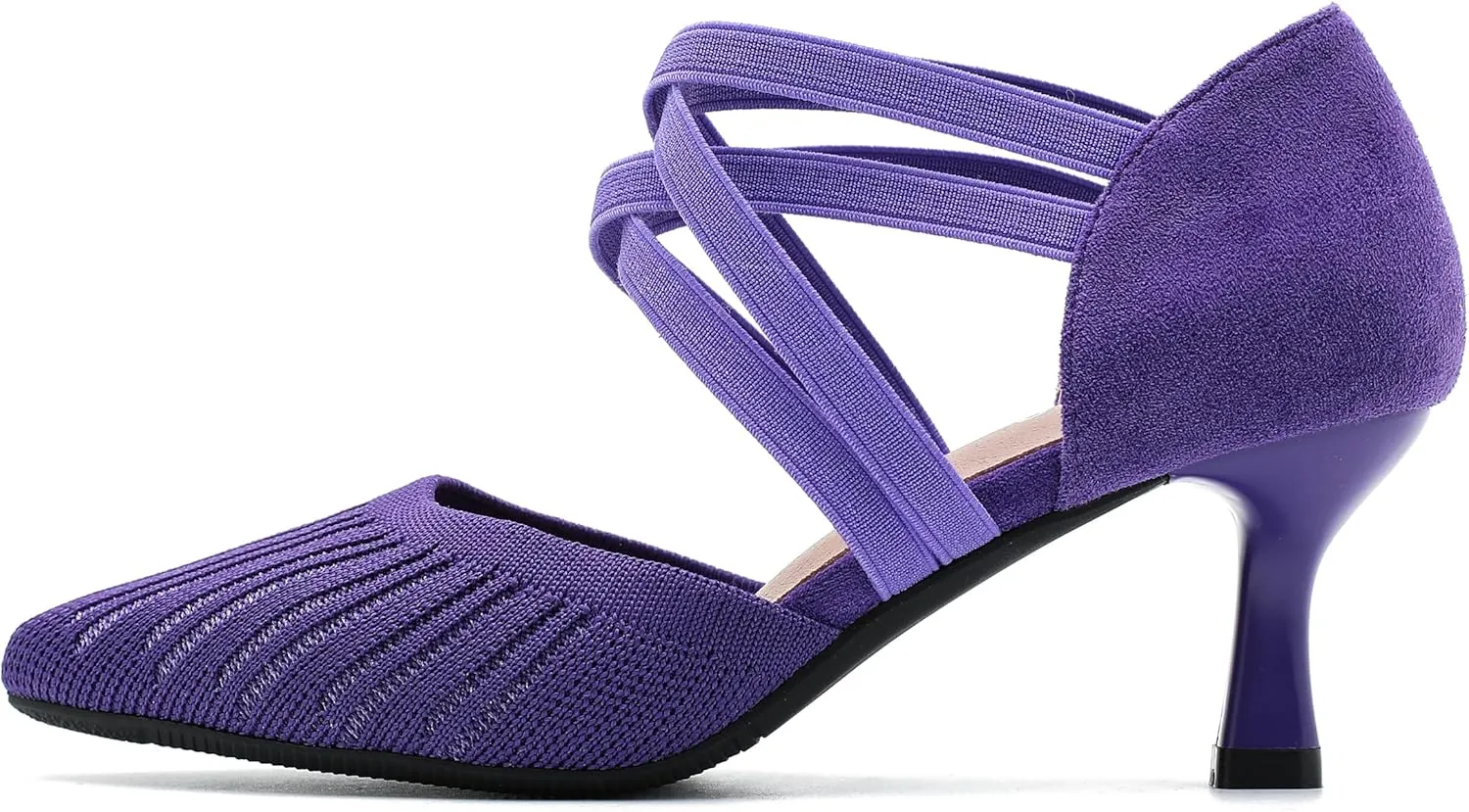 Women's Low Kitten Heels Knit Pumps Elastic Crisscross Ankle Strap Slip On Dress Shoes