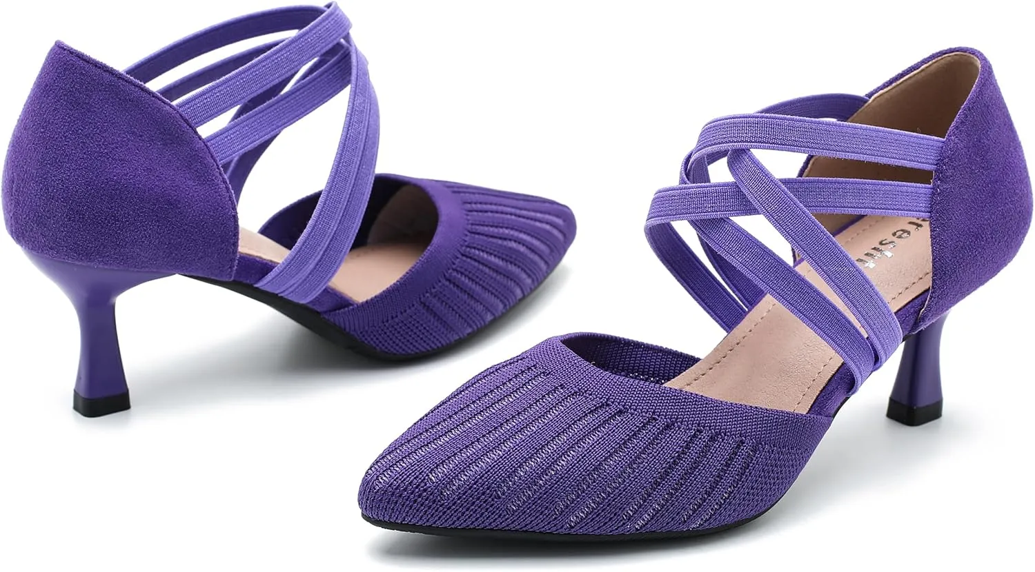 Women's Low Kitten Heels Knit Pumps Elastic Crisscross Ankle Strap Slip On Dress Shoes