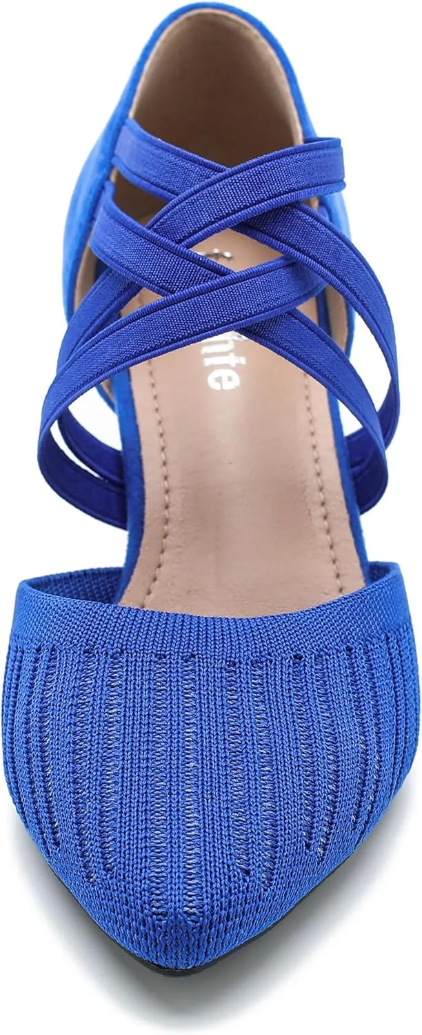 Women's Low Kitten Heels Knit Pumps Elastic Crisscross Ankle Strap Slip On Dress Shoes