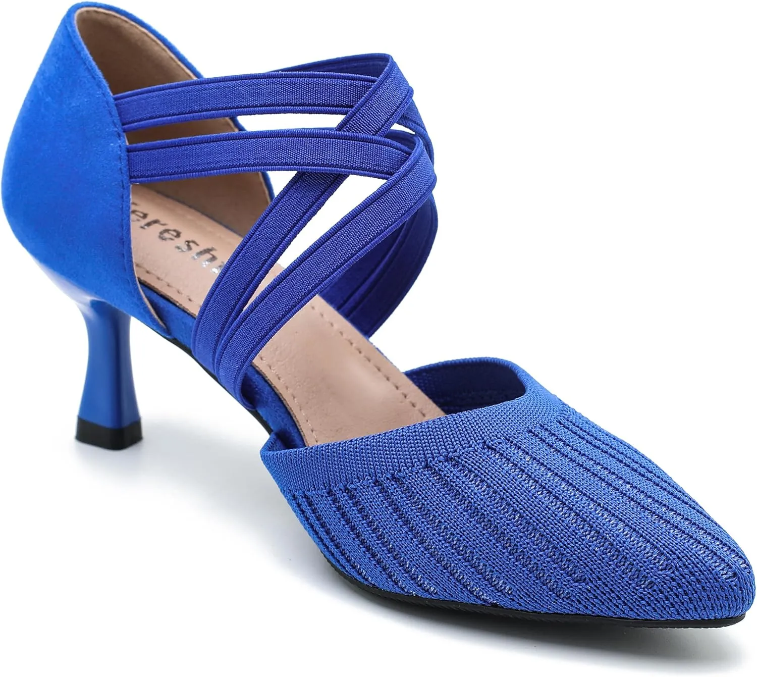 Women's Low Kitten Heels Knit Pumps Elastic Crisscross Ankle Strap Slip On Dress Shoes