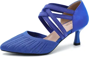 Women's Low Kitten Heels Knit Pumps Elastic Crisscross Ankle Strap Slip On Dress Shoes