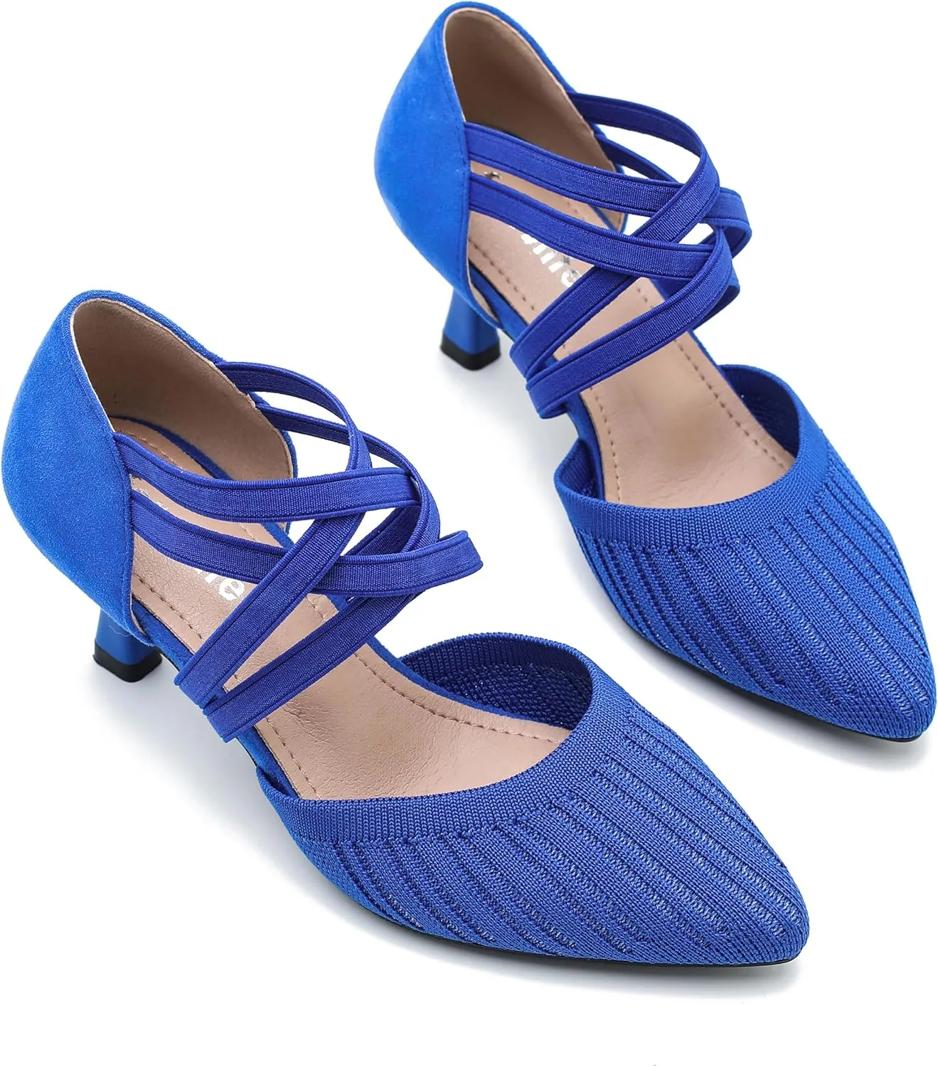 Women's Low Kitten Heels Knit Pumps Elastic Crisscross Ankle Strap Slip On Dress Shoes