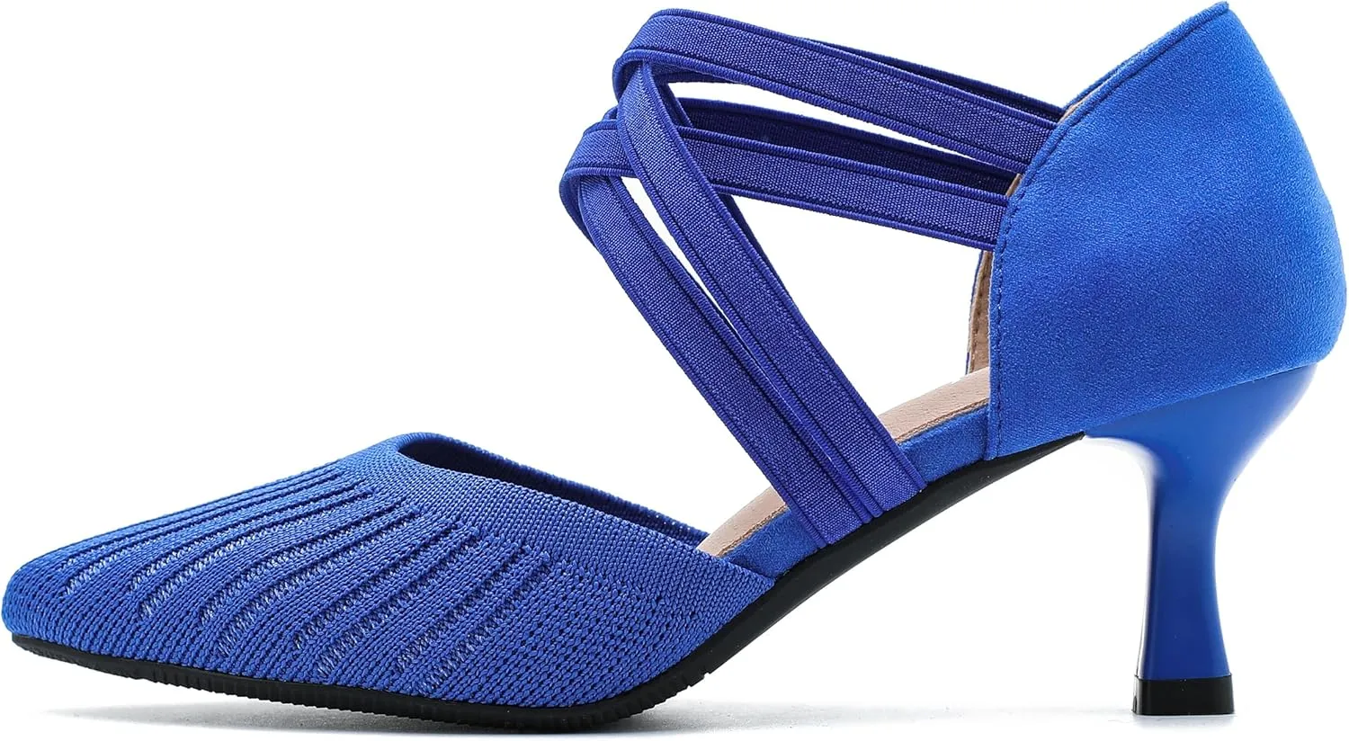 Women's Low Kitten Heels Knit Pumps Elastic Crisscross Ankle Strap Slip On Dress Shoes
