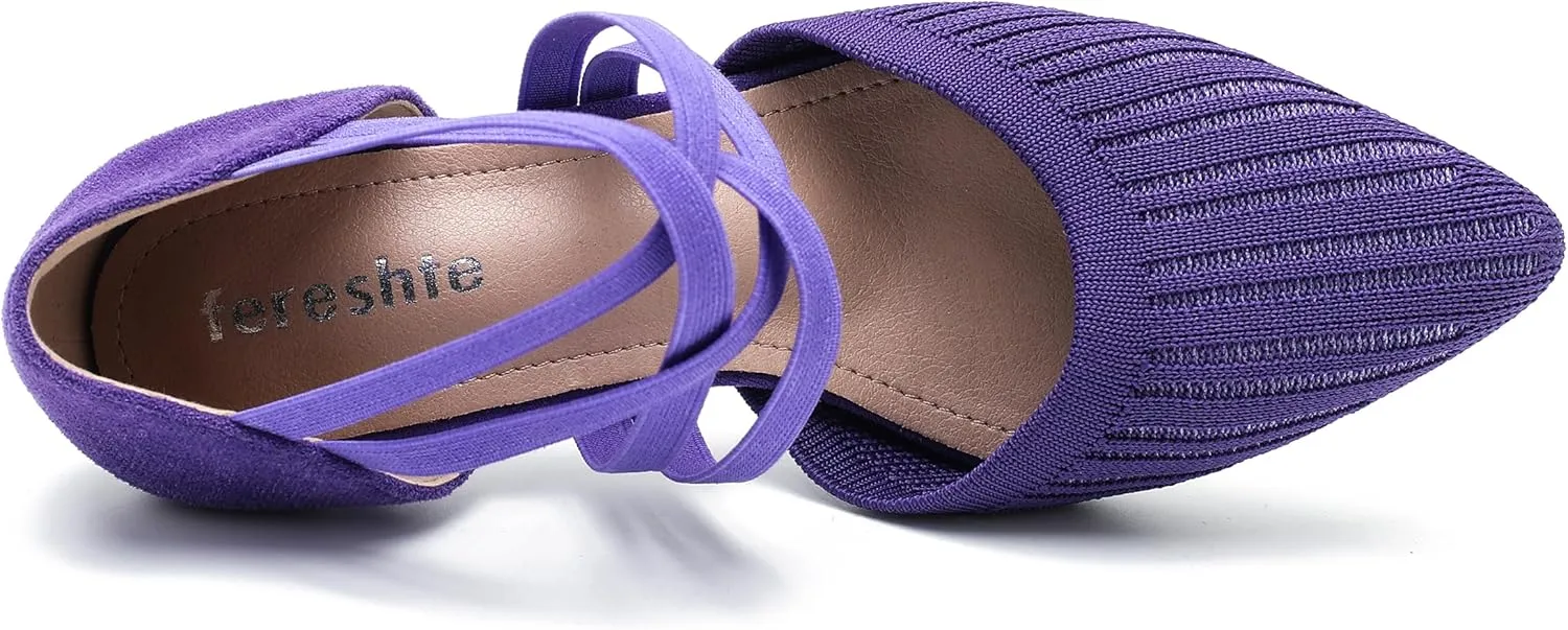 Women's Low Kitten Heels Knit Pumps Elastic Crisscross Ankle Strap Slip On Dress Shoes