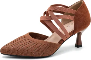 Women's Low Kitten Heels Knit Pumps Elastic Crisscross Ankle Strap Slip On Dress Shoes