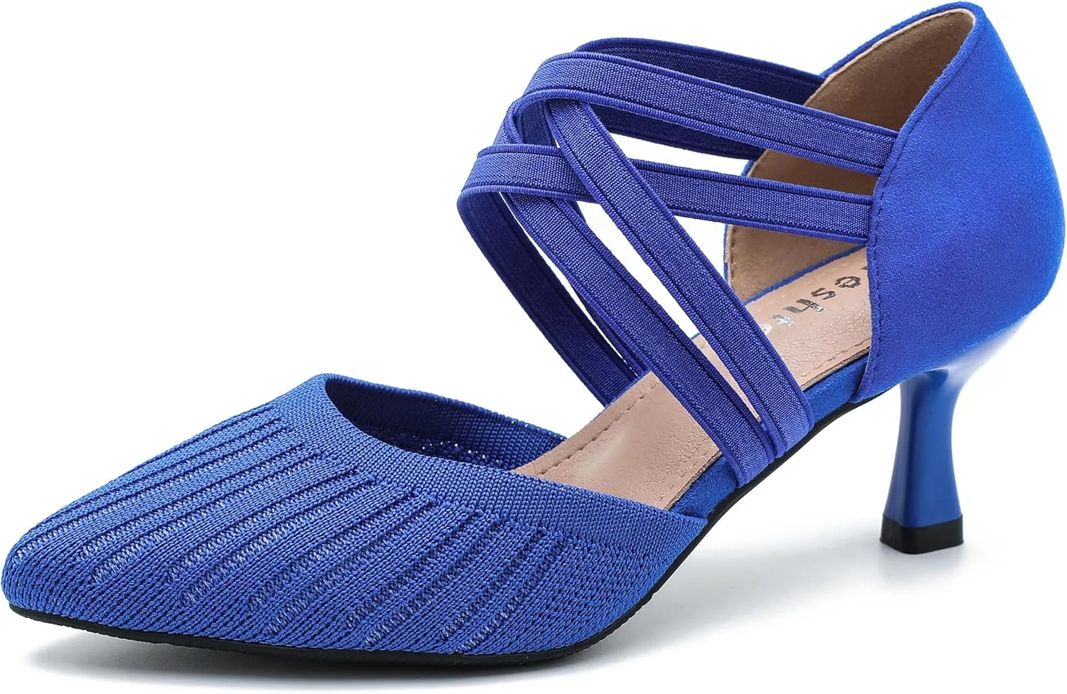 Women's Low Kitten Heels Knit Pumps Elastic Crisscross Ankle Strap Slip On Dress Shoes