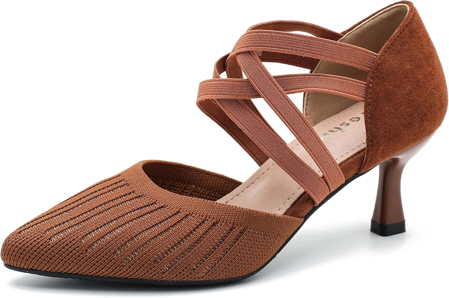 Women's Low Kitten Heels Knit Pumps Elastic Crisscross Ankle Strap Slip On Dress Shoes