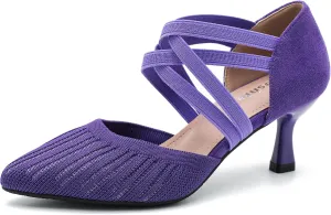 Women's Low Kitten Heels Knit Pumps Elastic Crisscross Ankle Strap Slip On Dress Shoes