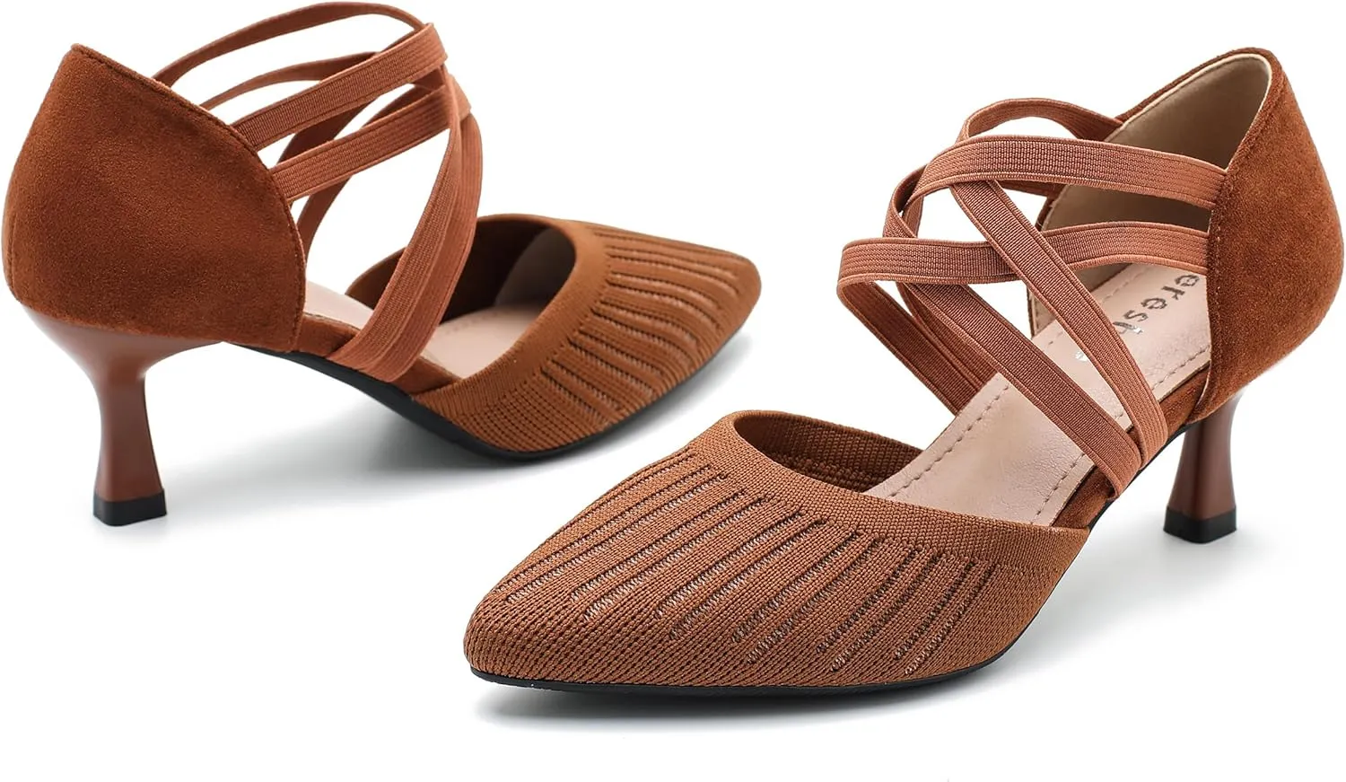 Women's Low Kitten Heels Knit Pumps Elastic Crisscross Ankle Strap Slip On Dress Shoes