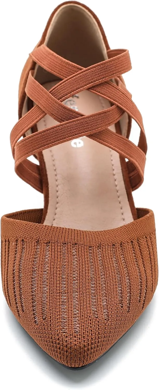 Women's Low Kitten Heels Knit Pumps Elastic Crisscross Ankle Strap Slip On Dress Shoes