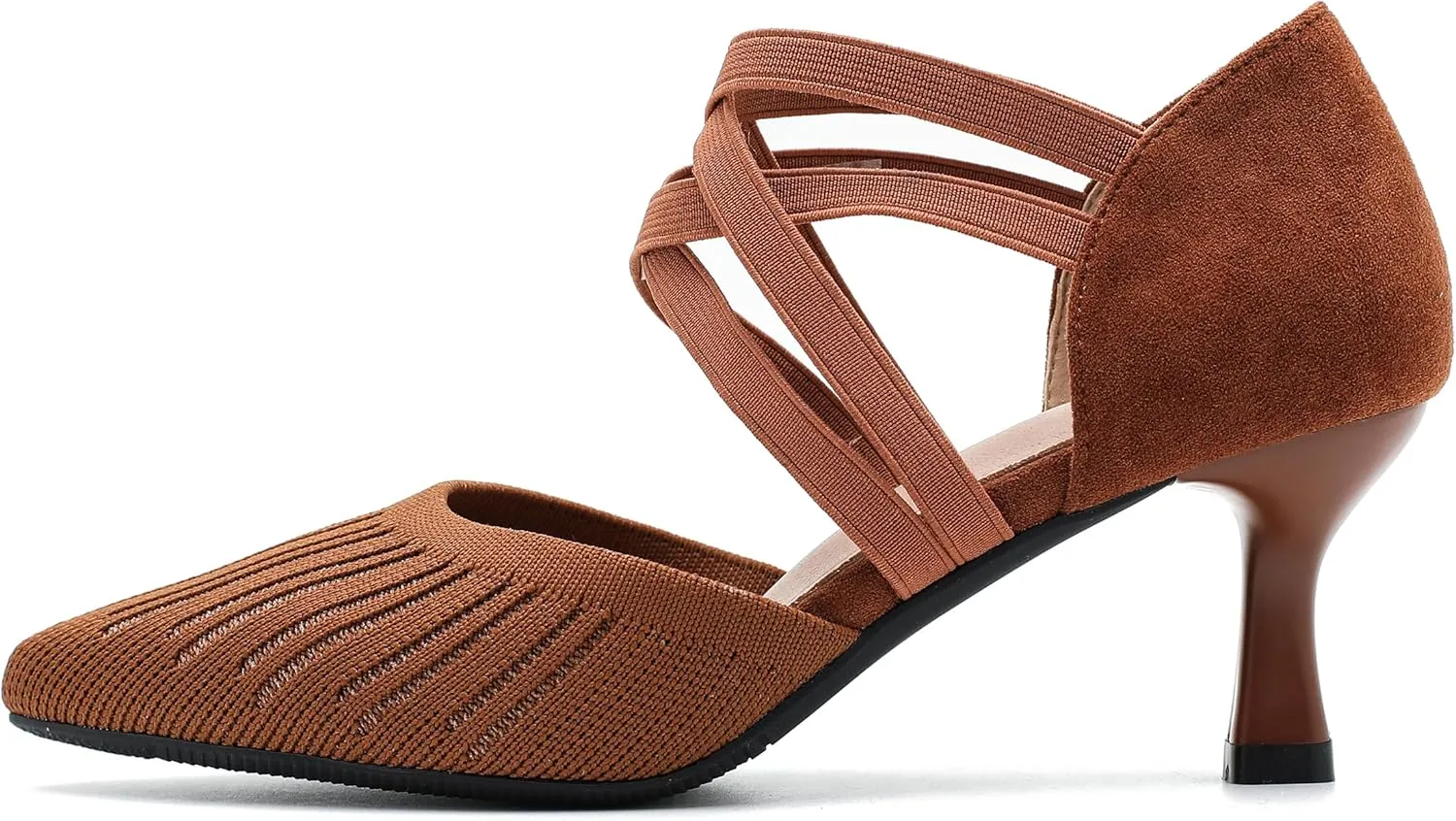 Women's Low Kitten Heels Knit Pumps Elastic Crisscross Ankle Strap Slip On Dress Shoes