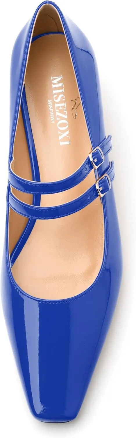 Womens Mary Jane Pumps, Square Toe Low Block Heel Pump Shoes for Women, Daily Comfort Mary Jane Pumps with Two Straps 1.3"