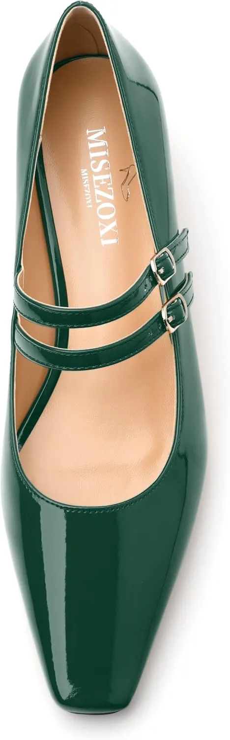 Womens Mary Jane Pumps, Square Toe Low Block Heel Pump Shoes for Women, Daily Comfort Mary Jane Pumps with Two Straps 1.3"
