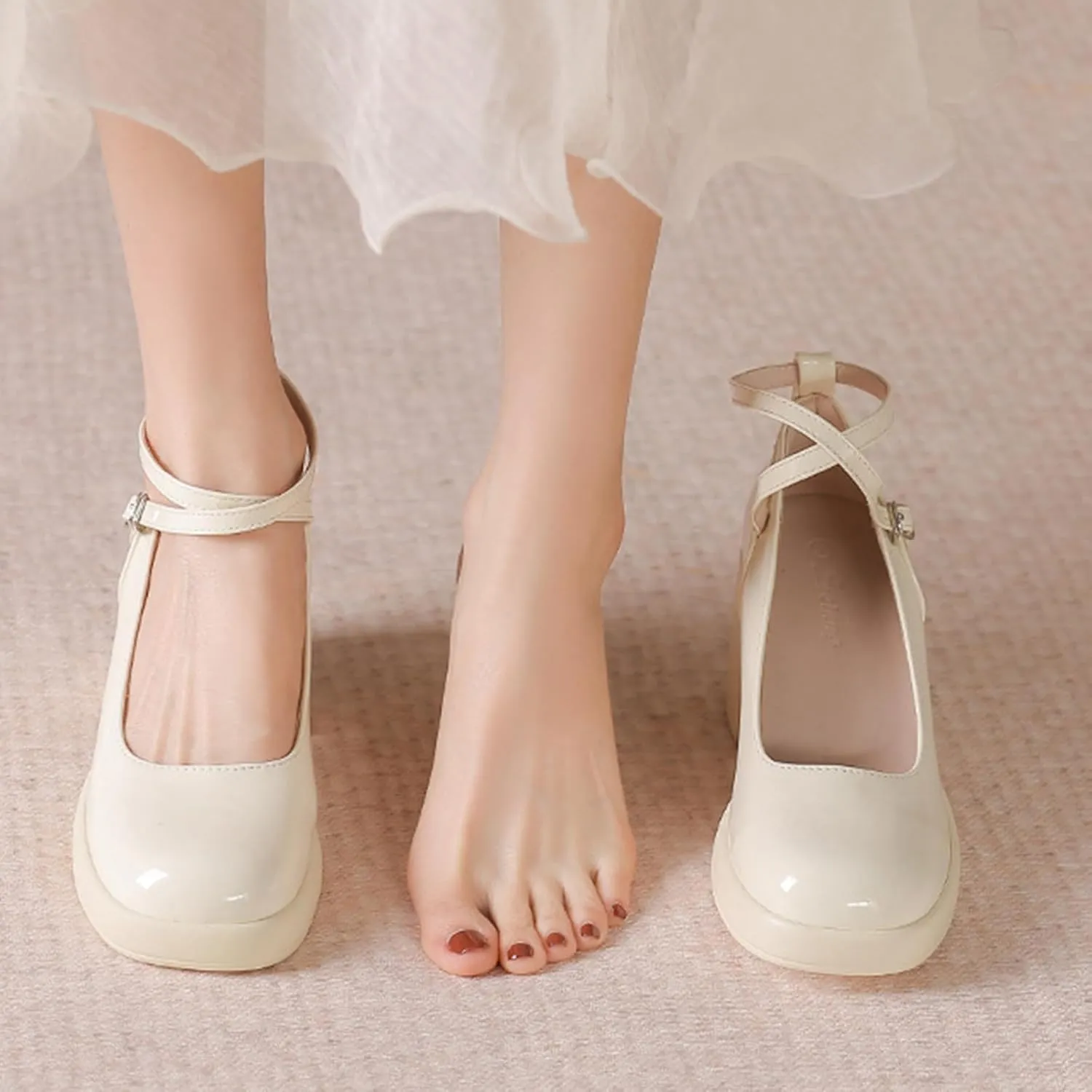 Women's Patent Leather Platform Chunky Heel Mary Jane Pumps,Closed Round Toe Cute Ankle Strap Comfortable Block Heel Dress Shoes, Formal Wedding Party Pumps Shoes