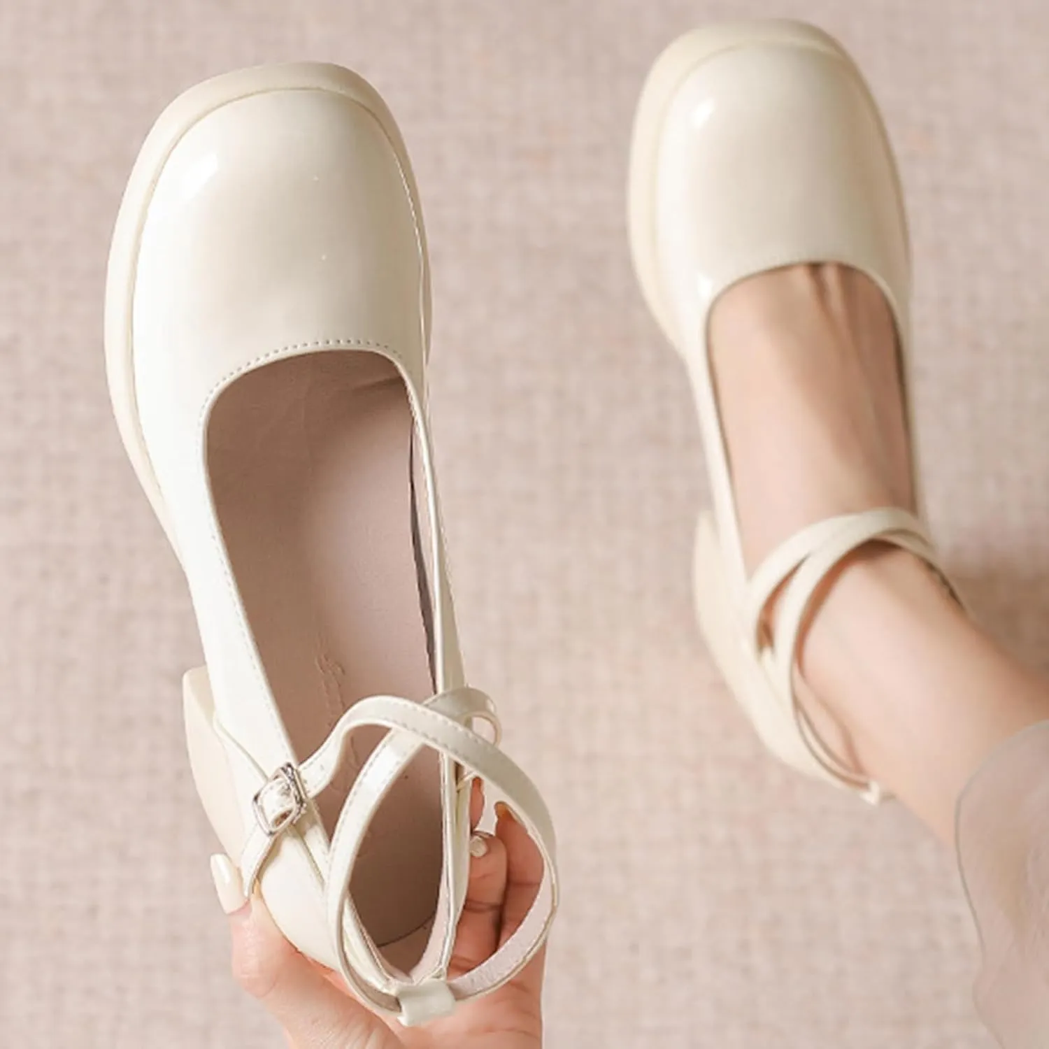 Women's Patent Leather Platform Chunky Heel Mary Jane Pumps,Closed Round Toe Cute Ankle Strap Comfortable Block Heel Dress Shoes, Formal Wedding Party Pumps Shoes